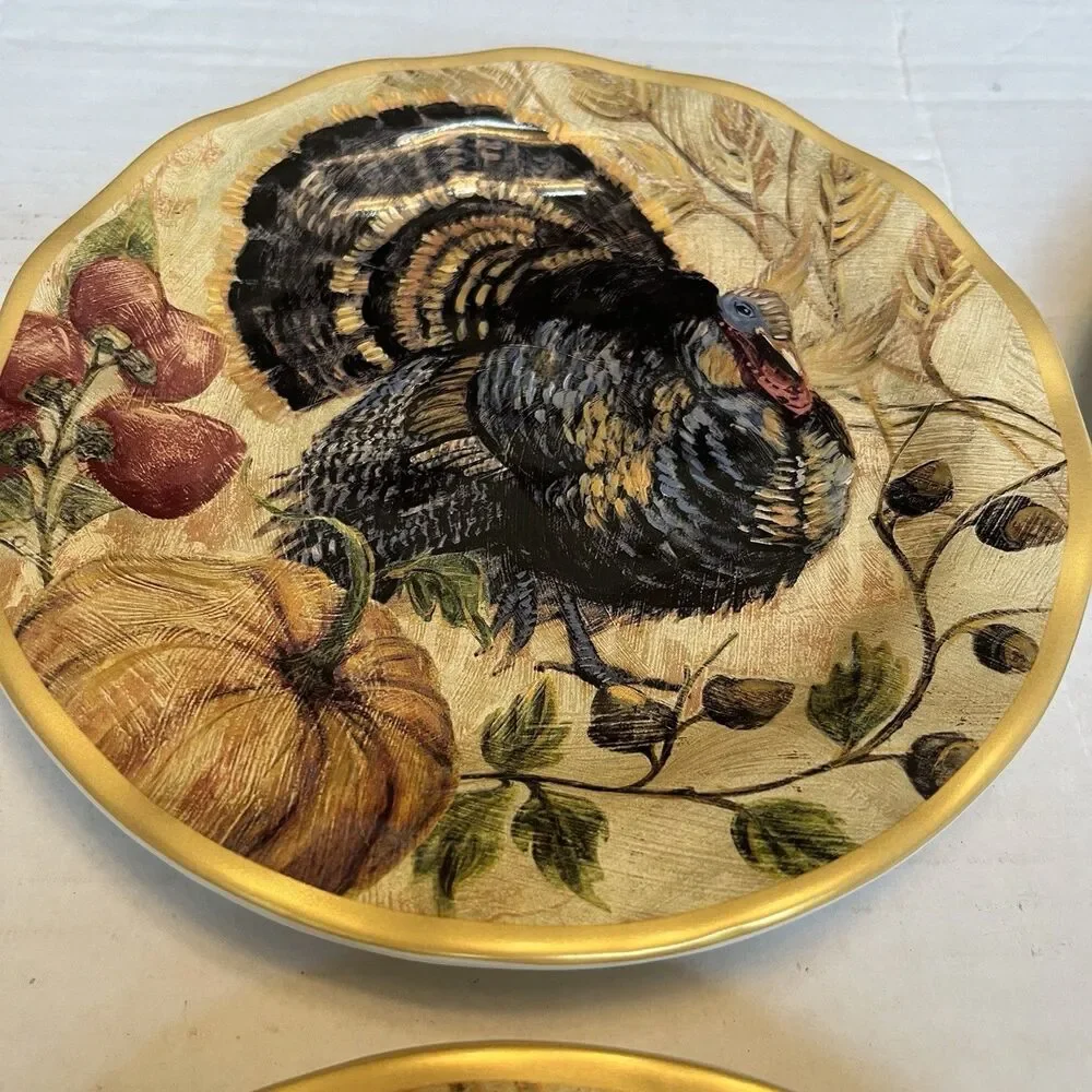 Pottery Barn Fresco Turkey Plates Set Of 4 Salad Plates 9” Turkey Thanksgiving